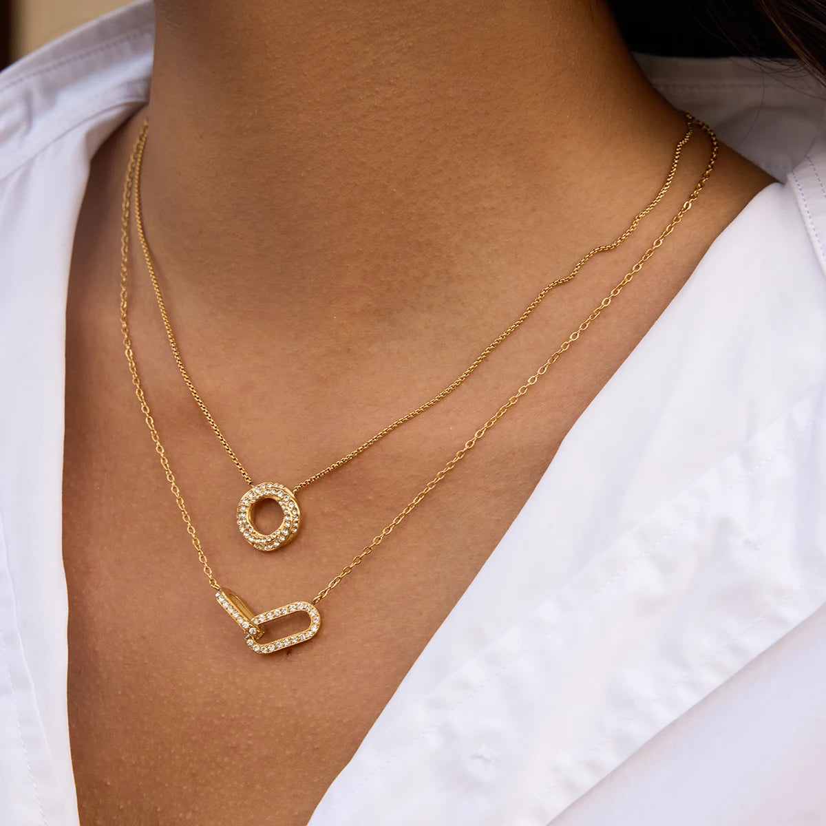 Uworld Personalized Classic Stainless Steel White Zirconia Double Ring Elliptical Geometric Ring Interlocking Pendant Necklace 1