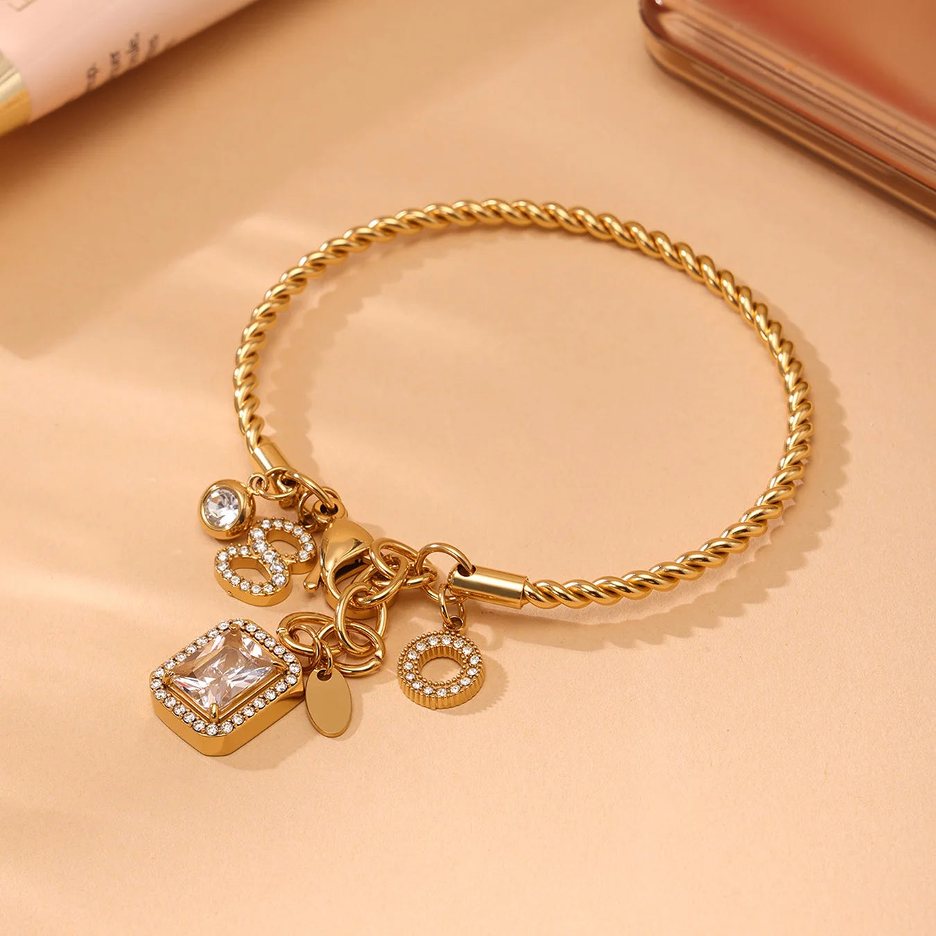 Nivora Delicate Zircon Square Number 8 Drop Pendant Stainless Steel Bracelets For Women Twisted Chain Bangle Wedding Jewelry