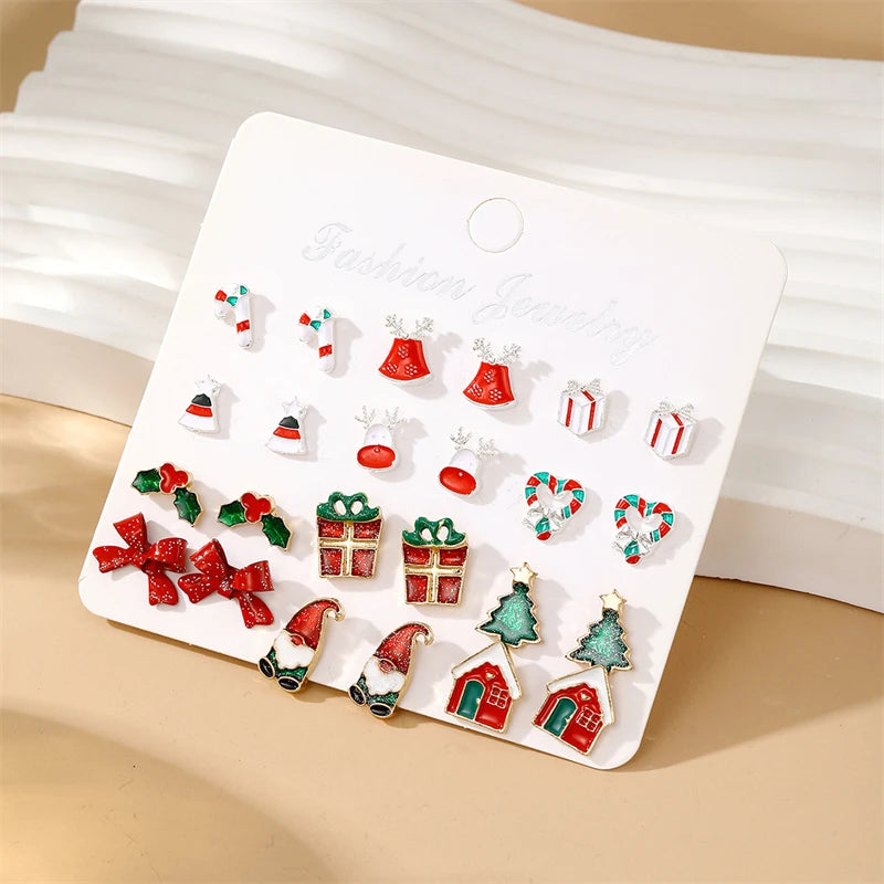 6-12 Pair Christmas Earrings For Women Xmas Tree Elk Snowman Santa Claus Snowflake Stud Earring Set New Year Party Jewelry Gift
