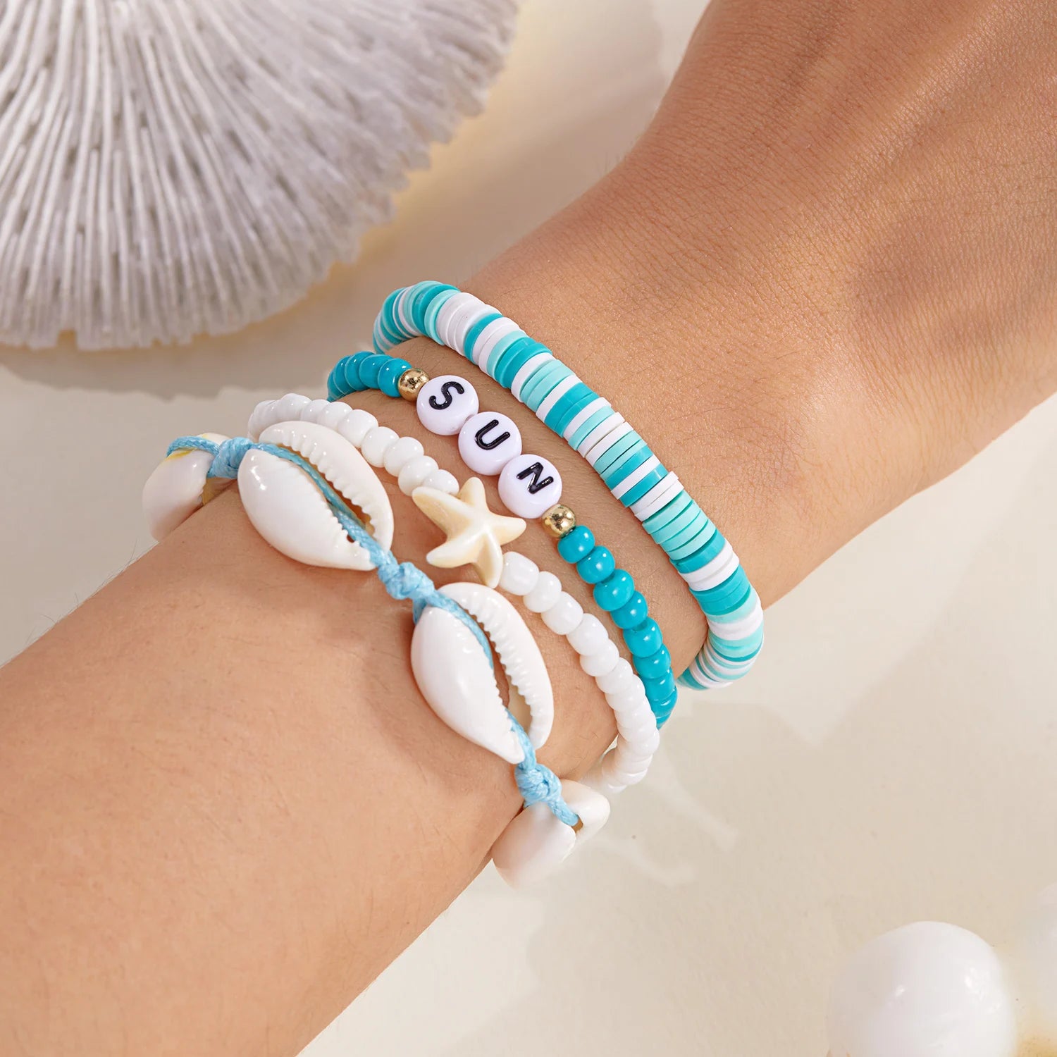 Summer Bohemian Flower Starfish Sea Turtle Pendant Bracelets Set for Women Polymer Clay Colorful Beaded Bangle Beach Jewelry