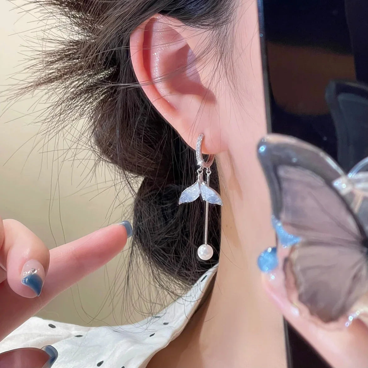 Korean New Blue Fishtail Long Ear Line Earring For Women Exquisite Imitation Pearl Tassel Zircon Leaf Earrings Party Jewelry