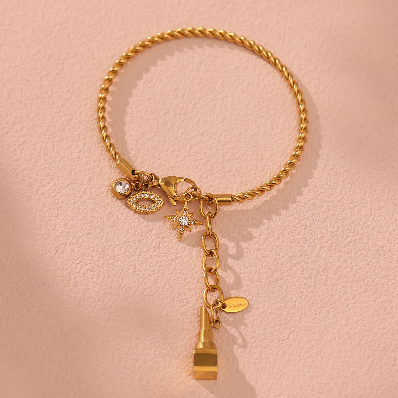 Nivora Fashion Lipstick Star Pendant Bangle For Women Stainless Steel Twistedwire Zircon Wedding Bangle Bracelet Casting Jewelry