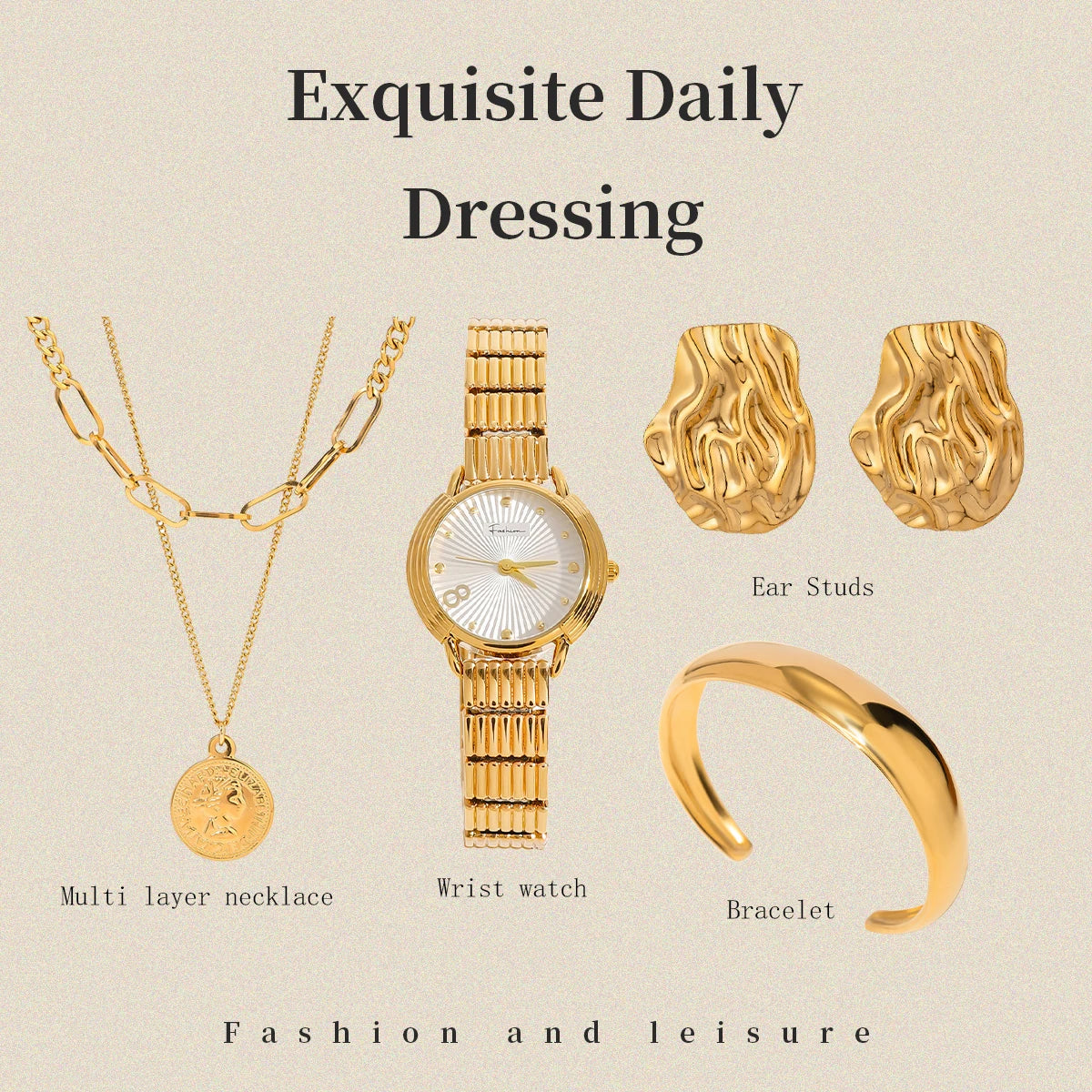 Uworld Fashion Stacked Necklace Watch Wrinkled Earrings Adjustable Bracelet Women's Jewelry Gift for Her