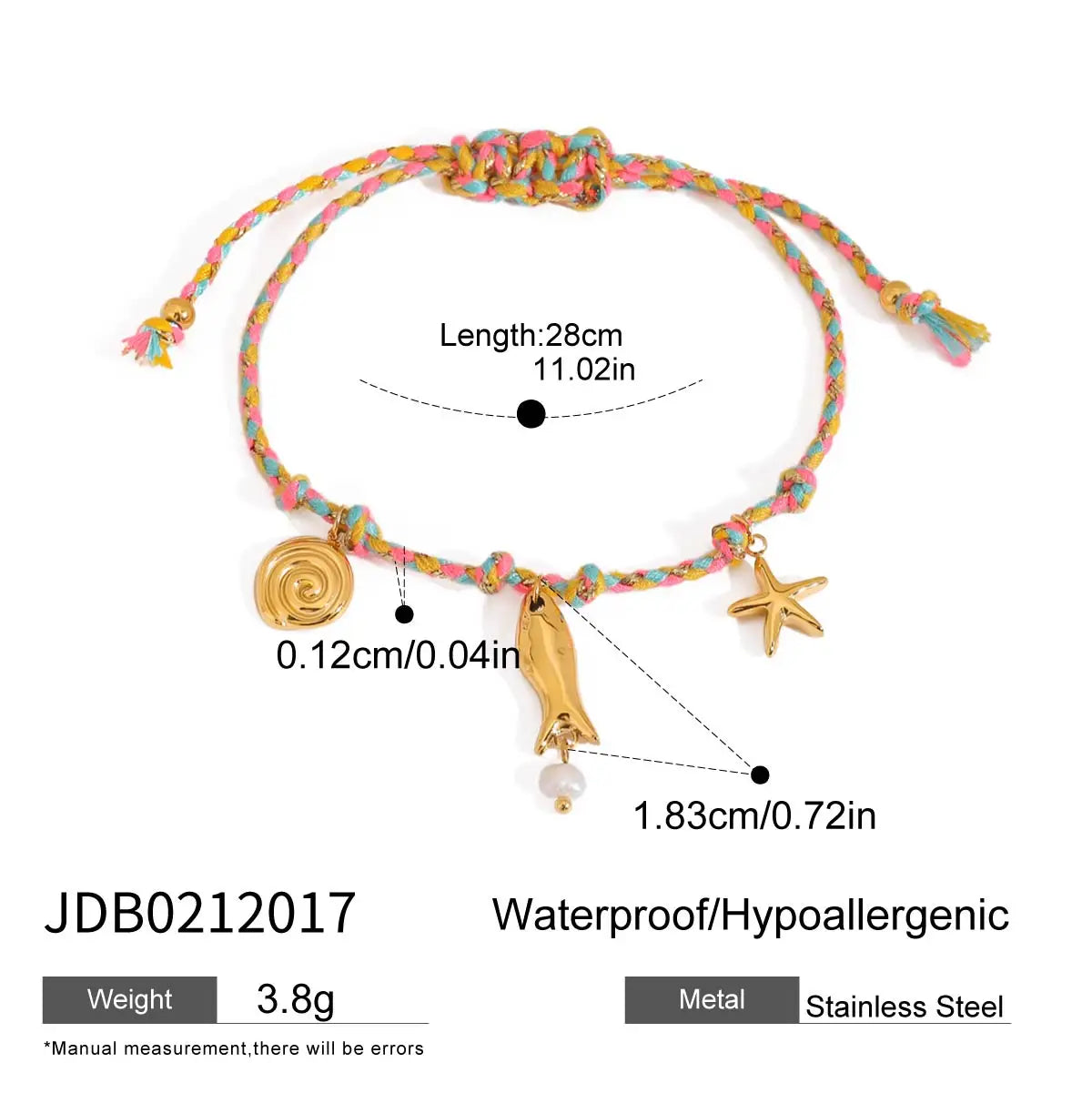 Uworld Ocean Vacation Style 18K Gold Color Plated Stainless Steel Small Fish Sea Star Conch Pendant Colorful Rope Bracelet Women