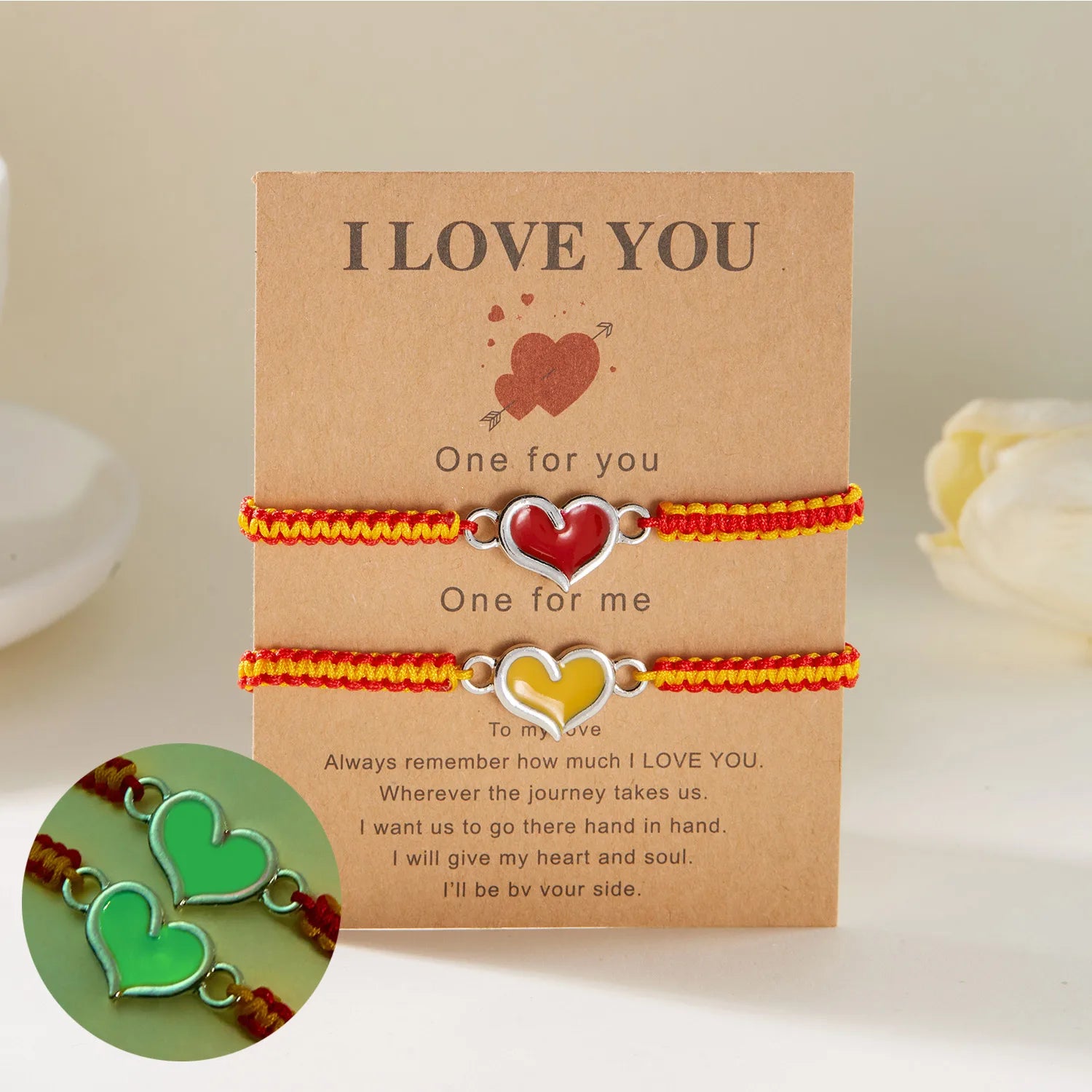 2Pcs Luminous Love Heart Couple Bracelet Handmade Braided Rope Matching Bracelets Lover Friendship Valentine's Day Jewelry Gifts