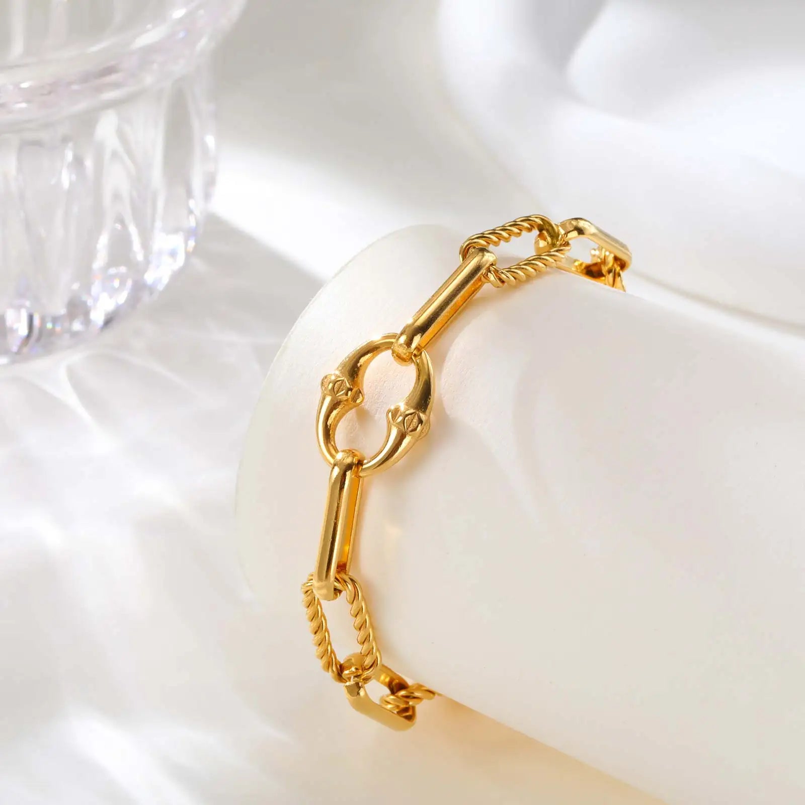 Chunky Stainless Steel Bracelets for Women,Gold Color Handmade Chain Ring Accessories Bracelet,Classic Jewelry Gift