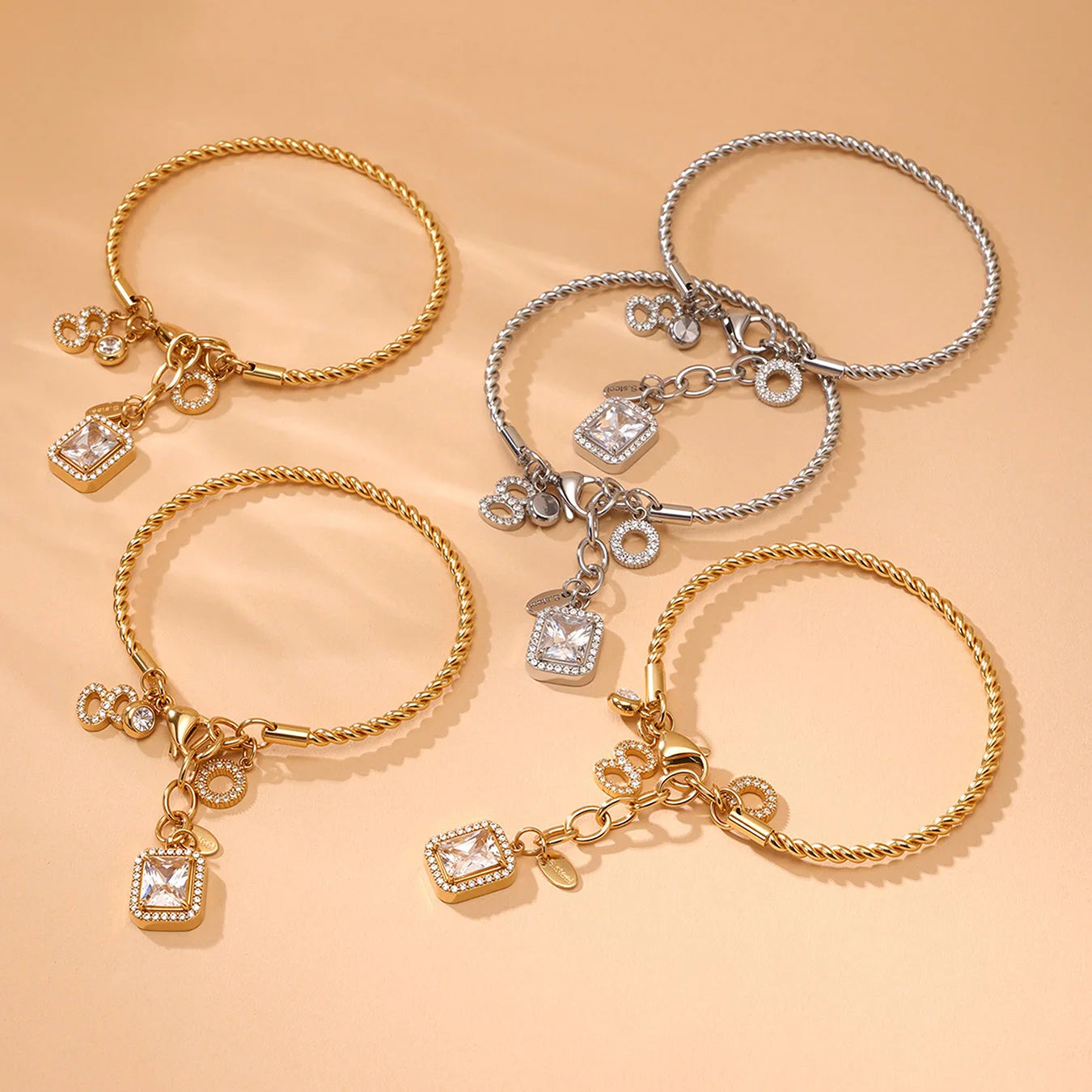 Nivora Delicate Zircon Square Number 8 Drop Pendant Stainless Steel Bracelets For Women Twisted Chain Bangle Wedding Jewelry