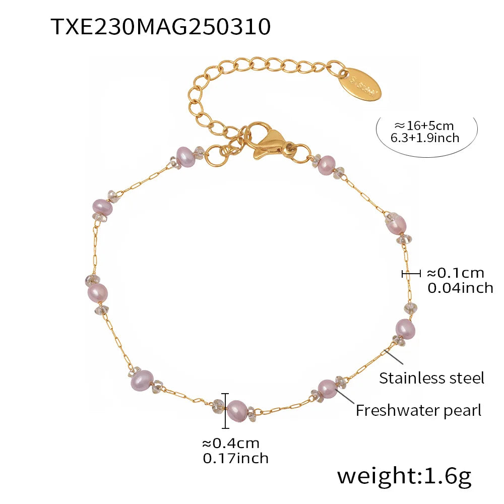 Nivora Exquisite Pink Freshwater Pearl Necklace Bracelets For Women Stainless Steel Beads Chain Charm Handmade Jewelry Set