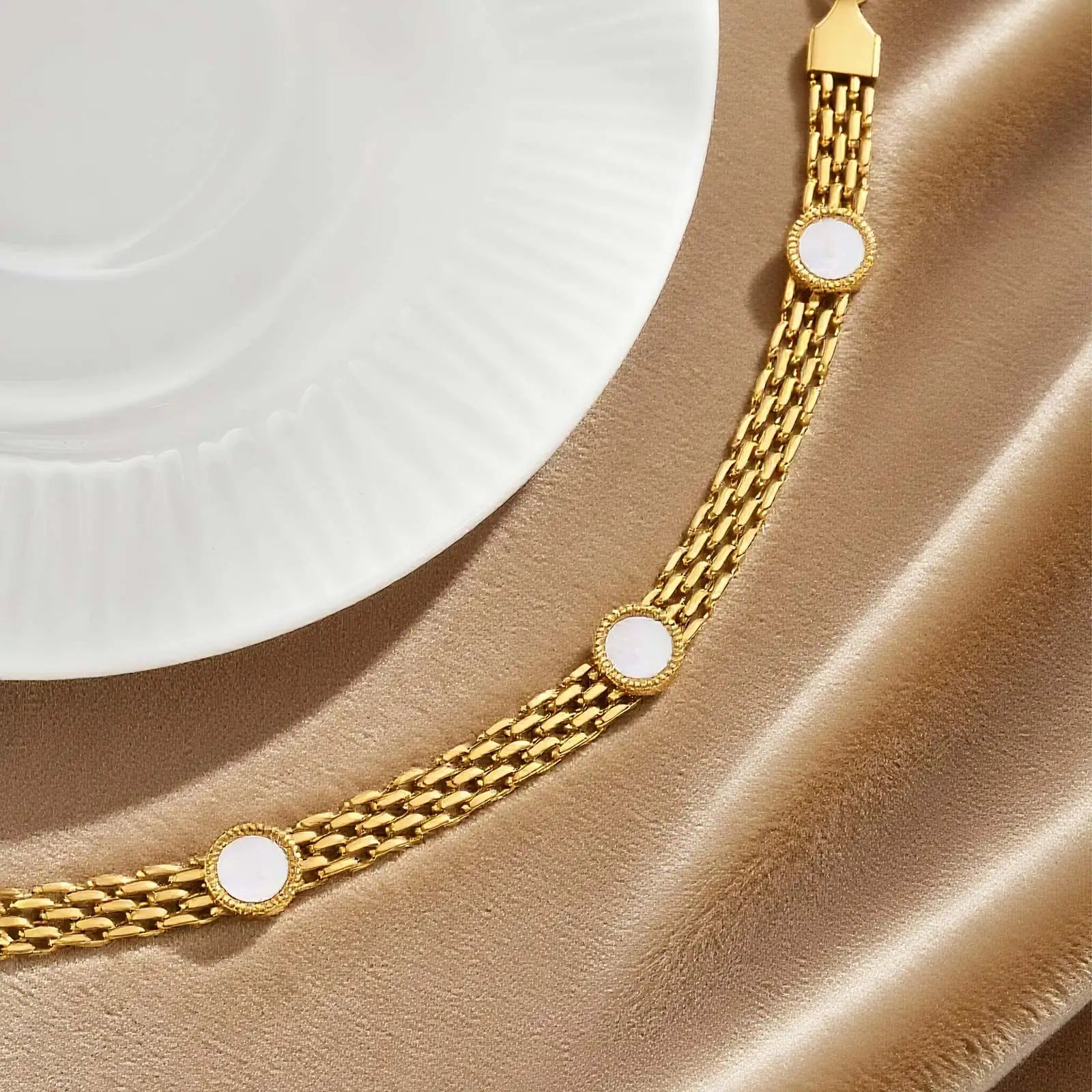 Chic Mesh Strap White Shell Bracelet,Gold Plated Stainless Steel Women's Bracelets,Fashion Waterproof Jewelry Gifts