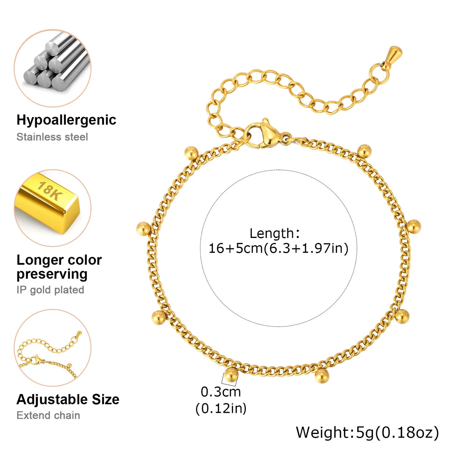 Delicate Stainless Steel Beads Cuban Chain Bracelet,water Resistant Metal Link Stack Jewelry for Women