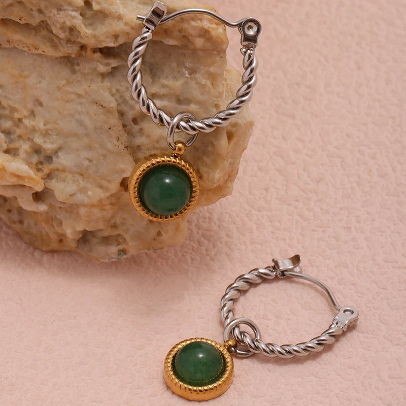Nivora Stainless Steel Twisted Dangle Earrings For Women Chinese Style Green Agate Hoop Earrings Lady Fashion Basic Jewelry