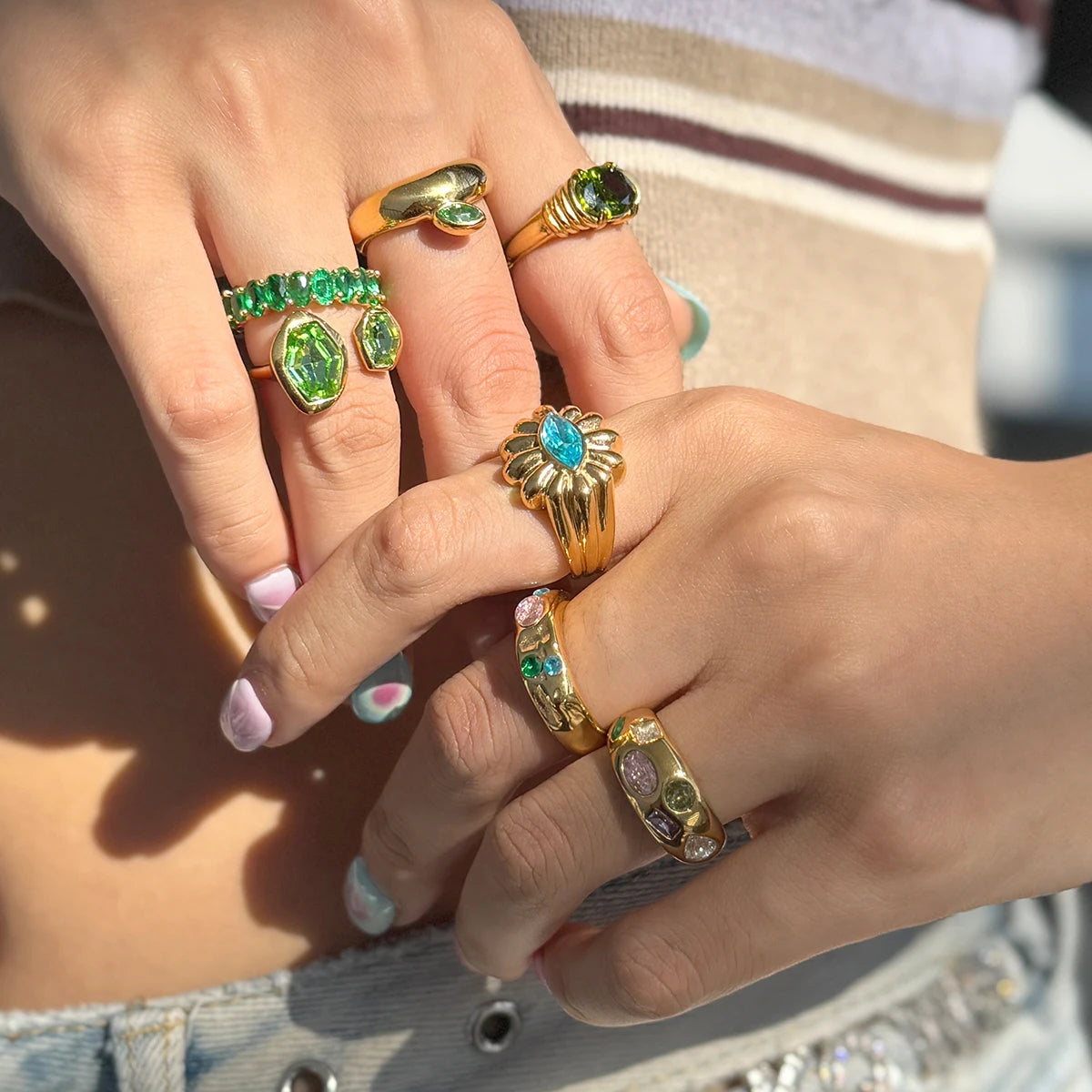 Uworld Fashion Y2k Blue Rhinestone Ring 18k Gold Color Plated Stainless Steel Stackable Asymmetric Ring Women's Jewelry Party Gi