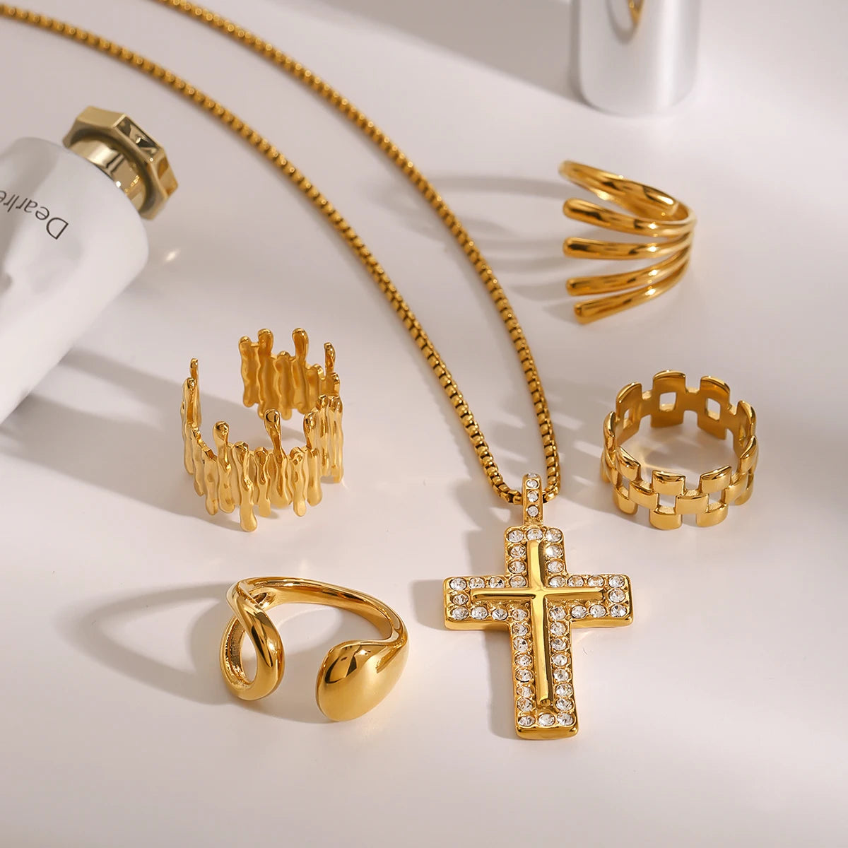 Uworld Fashion 5pcs Stacked Ring Jewelry Set Cross Necklace Linear Ring Women's Jewelry Gift for Her