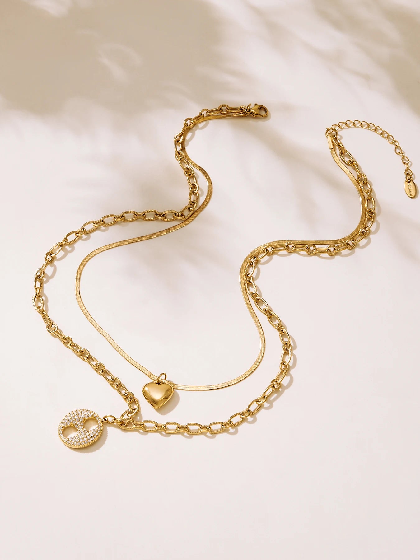 Nivora Cubic Zirconia Pig Nose Ring Women Necklaces Stainless Steel Heart Double Chain PVD Gold Plated Collar Choker Jewelry