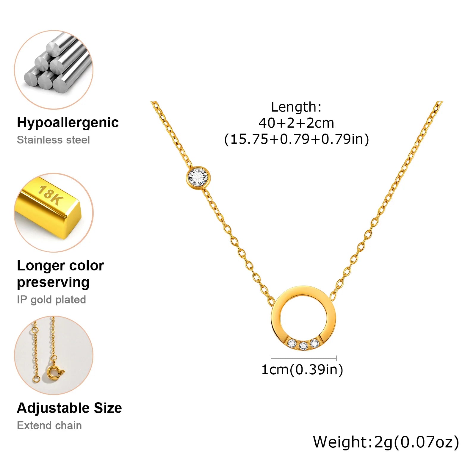 Shiny Round Ring Zircon Necklace for Women,18K Gold Plated Stainless Steel Rolo Chain Necklaces,Trendy Jewelry Gifts