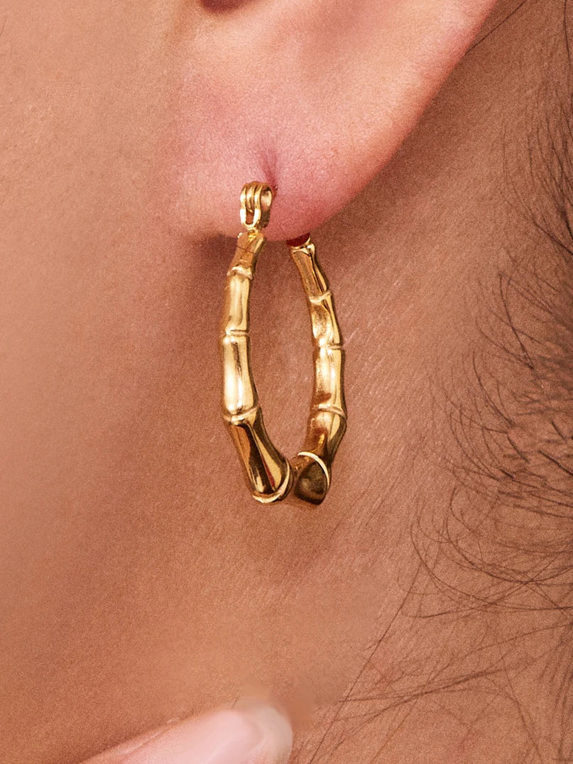 Nivora Minimalist Bamboo Hoop Earrings For Women Gold Plated Stainless Steel Hypoallergenic Charm Earrings Fashion Basic Jewelry