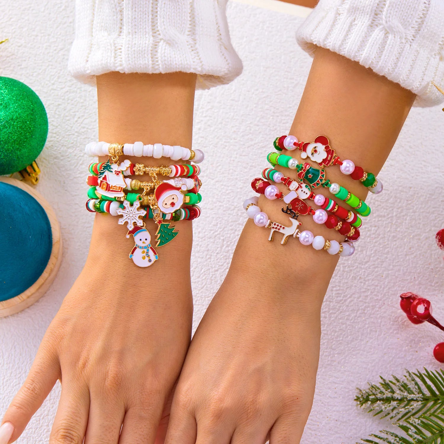 10 Pcs Christmas Colorful Beaded Bracelet Set For Women Santa Claus Xmas Tree Snowflake Rice Beads Bangle Party Festival Jewelry