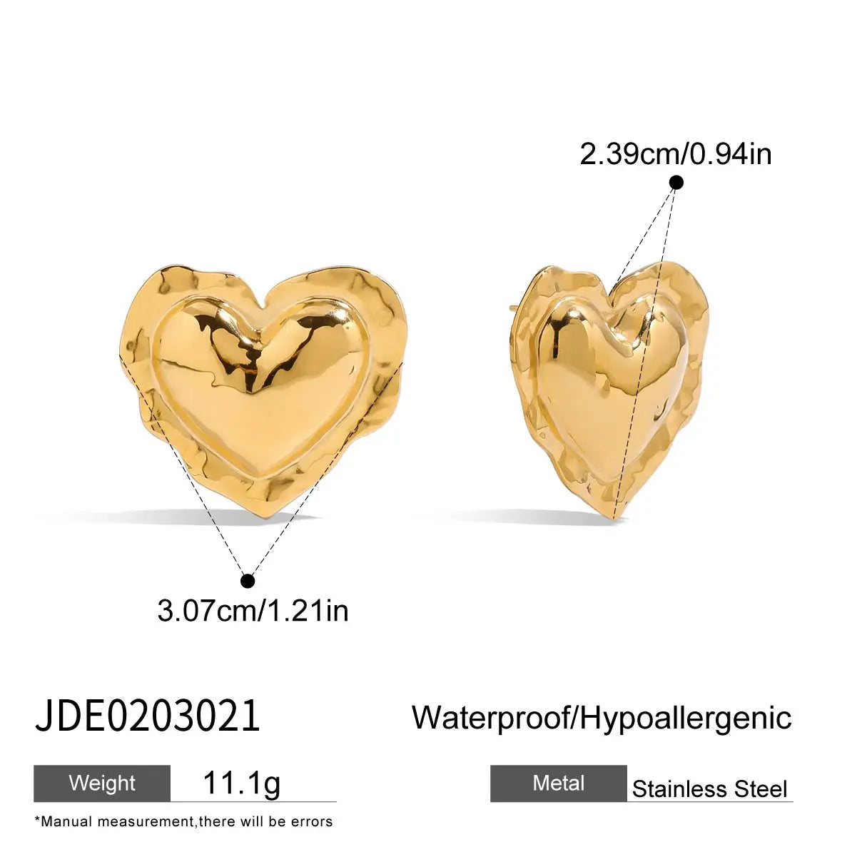 Uworld Simple Classic Two Tone Hammer Pattern Fat Drum Heart Ear Studs 18K Gold Color Plated Stainless Steel Ruffle Heart Earrin