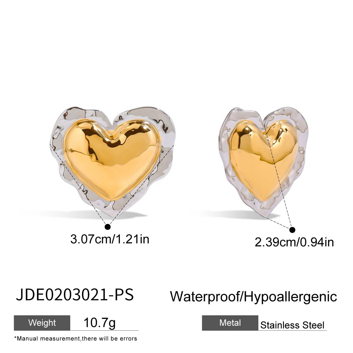 Uworld Simple Classic Two Tone Hammer Pattern Fat Drum Heart Ear Studs 18K Gold Color Plated Stainless Steel Ruffle Heart Earrin