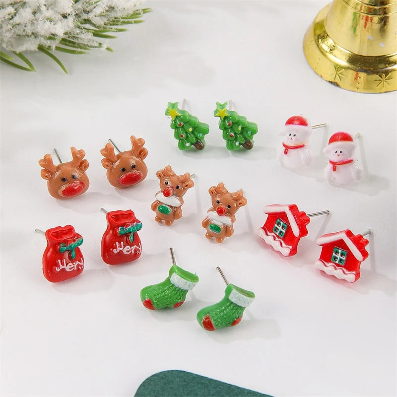 6-12 Pair Christmas Earrings For Women Xmas Tree Elk Snowman Santa Claus Snowflake Stud Earring Set New Year Party Jewelry Gift