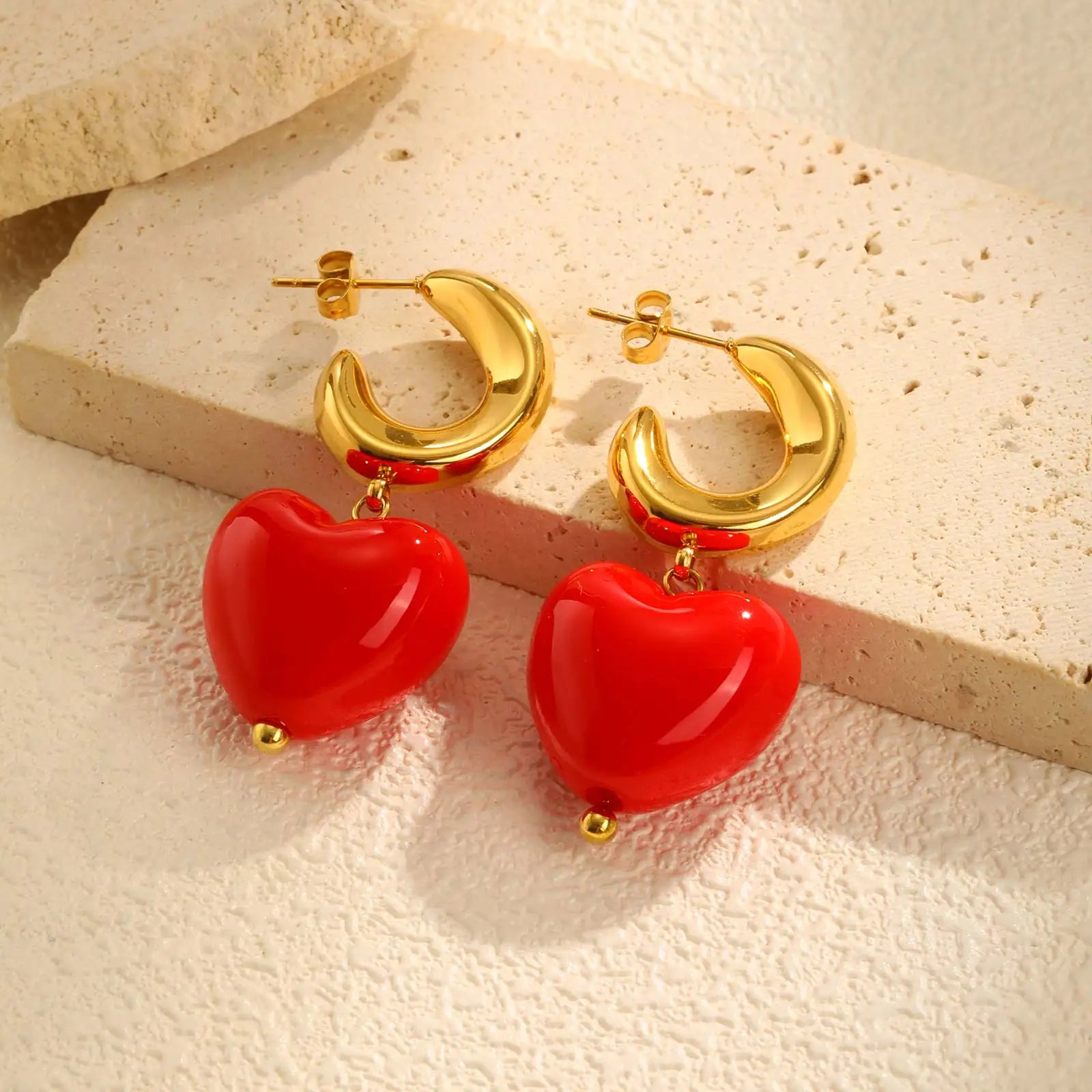 Fashion C-shaped Red Heart Earrings for Women,Gold Plated Stainless Steel Earrings,Classic Geometric Jewelry Gifts