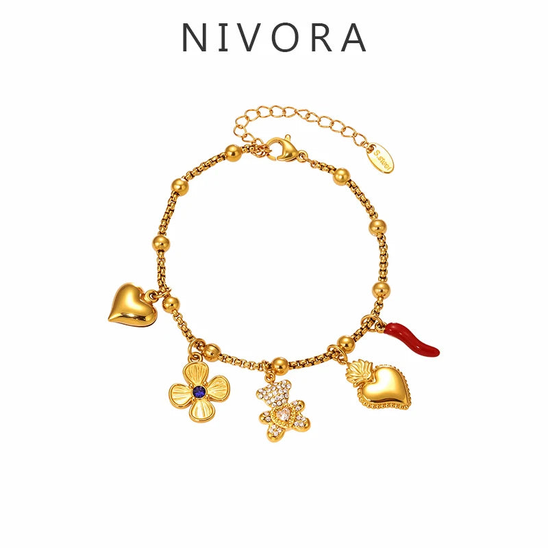 Nivora Distinctive Stainless Steel Heart Flower Little Bear Pendant Necklaces Bracelets For Women Wedding Jewelry Sets Gift