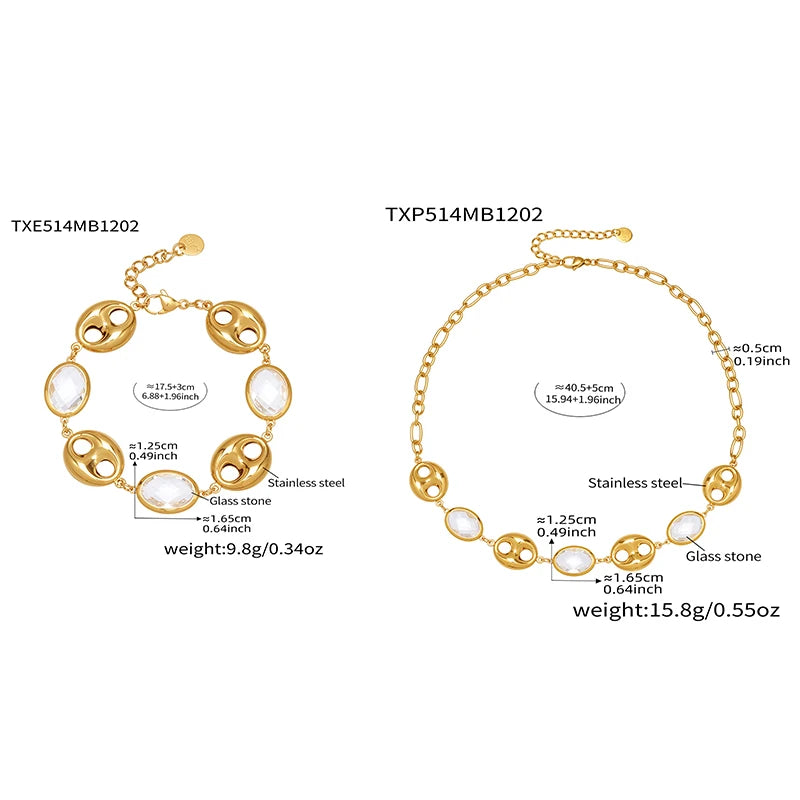 Nivora Excellent Colorful Glass Necklaces Bracelets For Women Stainless Steel Hollow Pig Nose Ring Chain Wedding Jewelry Sets