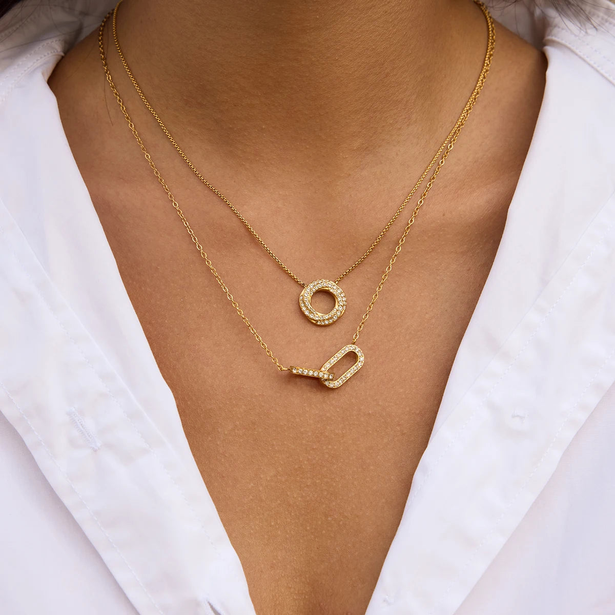 Uworld Personalized Classic Stainless Steel White Zirconia Double Ring Elliptical Geometric Ring Interlocking Pendant Necklace 1