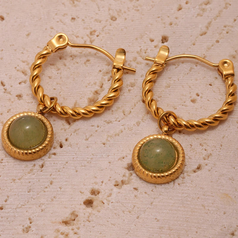 Nivora Stainless Steel Twisted Dangle Earrings For Women Chinese Style Green Agate Hoop Earrings Lady Fashion Basic Jewelry