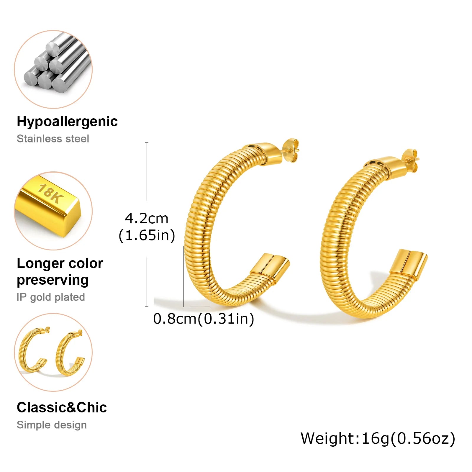 Exaggerated C-shaped Hoop Earrings for Women,Gold Color Stainless Steel Geometric Earrings,Unique Party Jewelry Gift