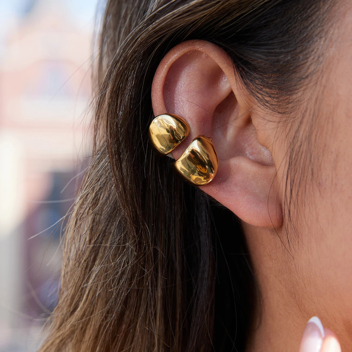 Uworld Classic 18K Plated Gold Color Wide-Faced Double-Layer Ear Clip Earrings Women Waterproof Stainless Steel Earring Jewelry