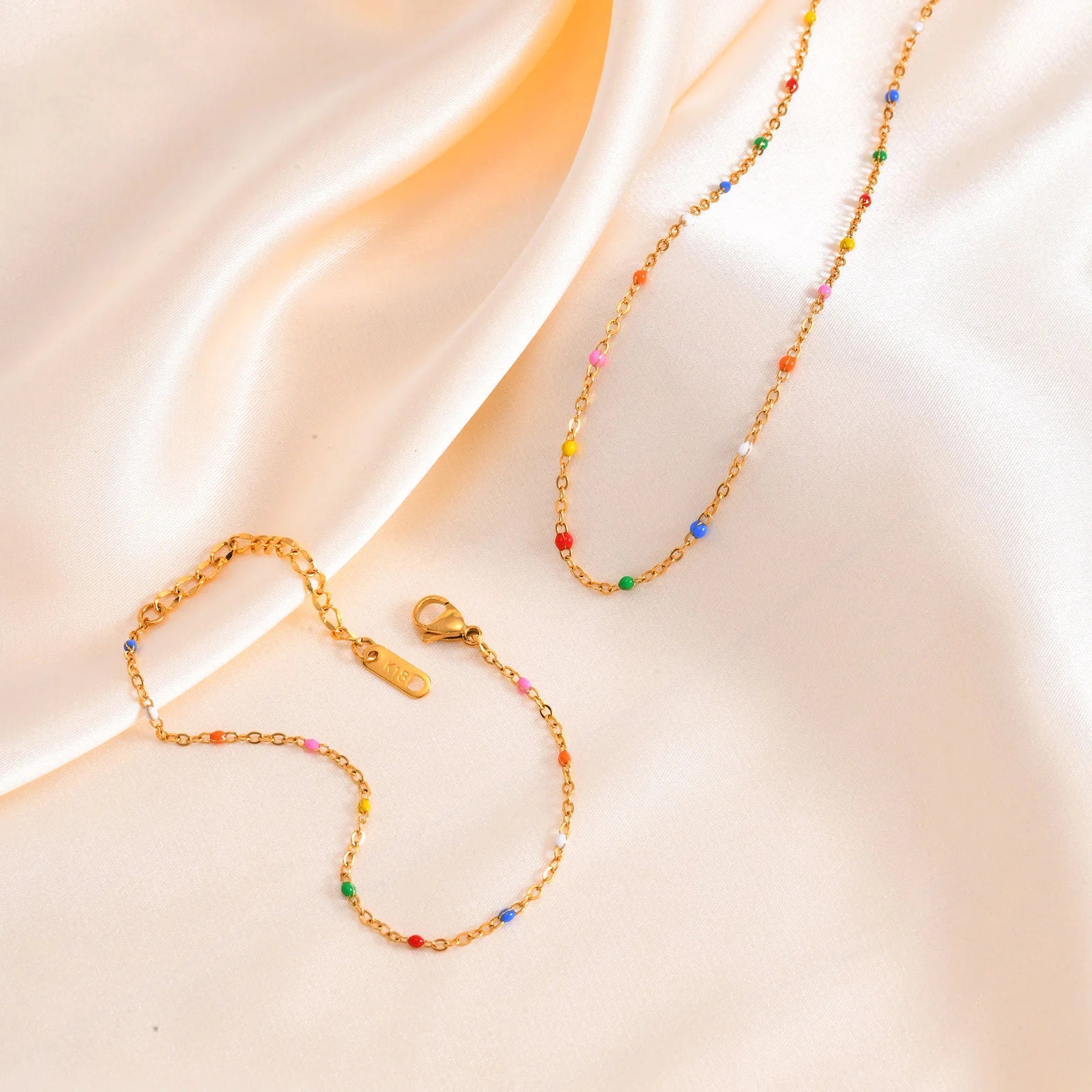 Stainless Steel Chain Bracelet for Women, Colorful Beads Summer 18k Gold Plated, Stainless Steel Waterproof Wrist Jewelry