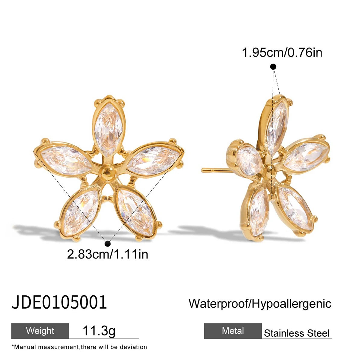 Uworld Fashion Trend 18K Gold Color Plated Stainless Steel White Zircon Flower Ear Studs Women's Jewelry Gift for Her