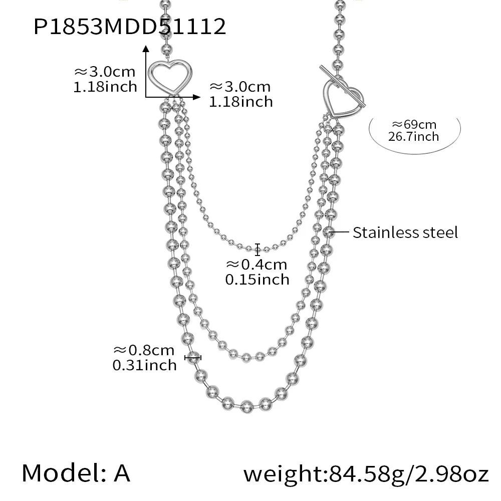 Nivora Simple Beads Chain Three Layer Charm Necklaces for Women Heart Pig Nose Ring Stainless Steel Collar Choker Jewelry