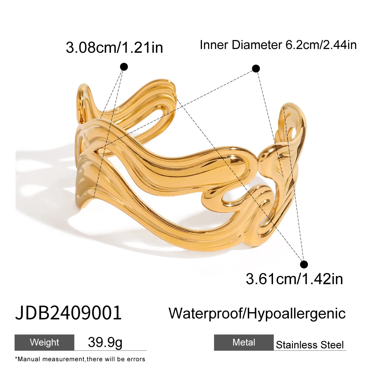 Uworld Waterproof 316l Stainless Steel Irregular Exaggerated Big Cuff Bracelet Bangle Stylish Unique Design Golden Charm