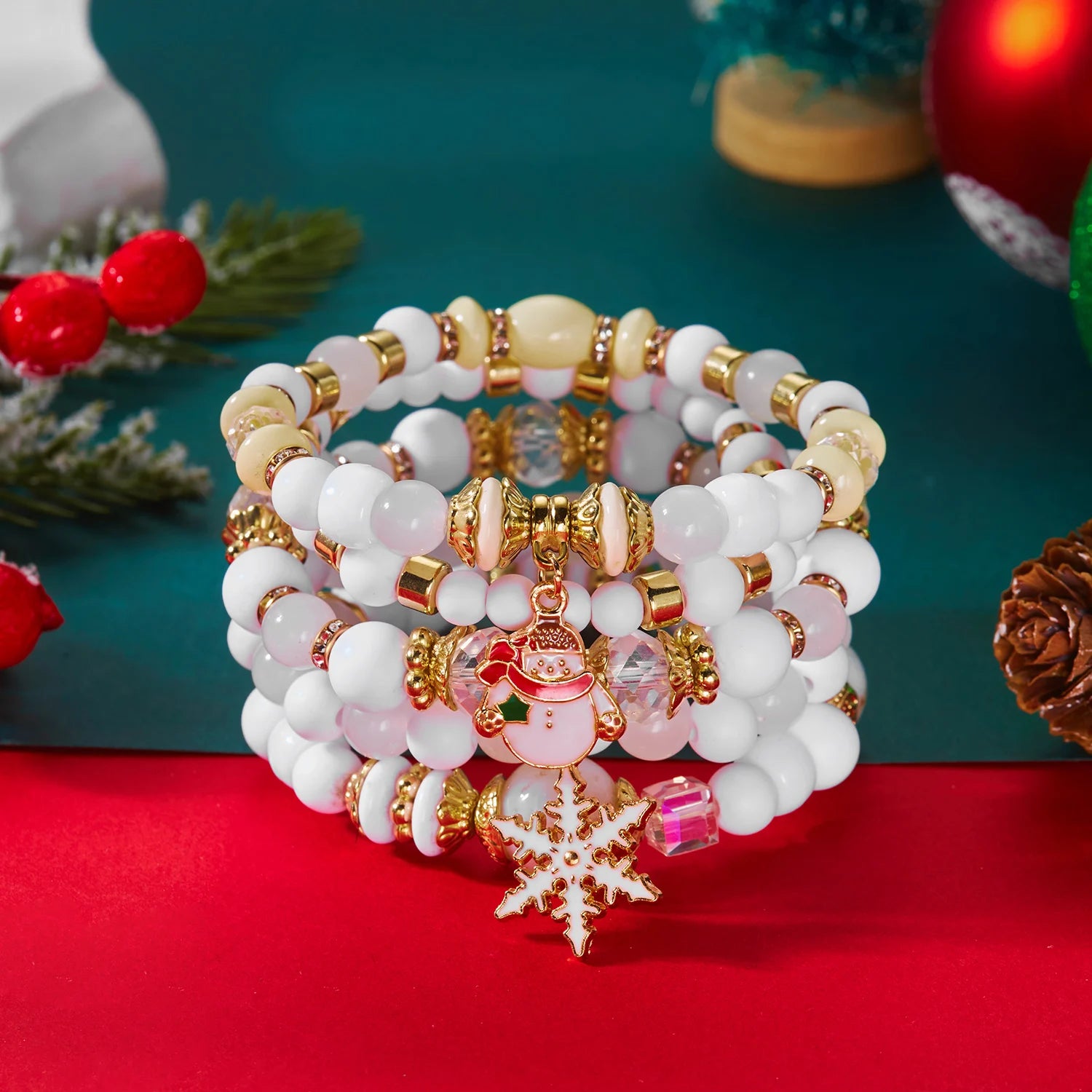 5 Pcs/Set Merry Christmas Santa Claus Xmas Tree Bracelet For Women Colorful Crystal Beads Snowflake Bracelets New Year Jewelry