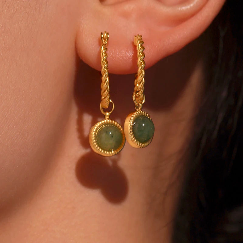 Nivora Stainless Steel Twisted Dangle Earrings For Women Chinese Style Green Agate Hoop Earrings Lady Fashion Basic Jewelry