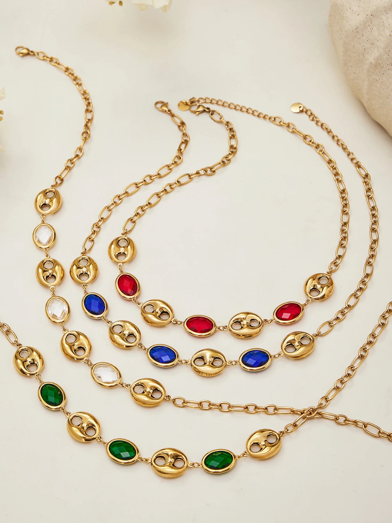 Nivora Excellent Colorful Glass Necklaces Bracelets For Women Stainless Steel Hollow Pig Nose Ring Chain Wedding Jewelry Sets