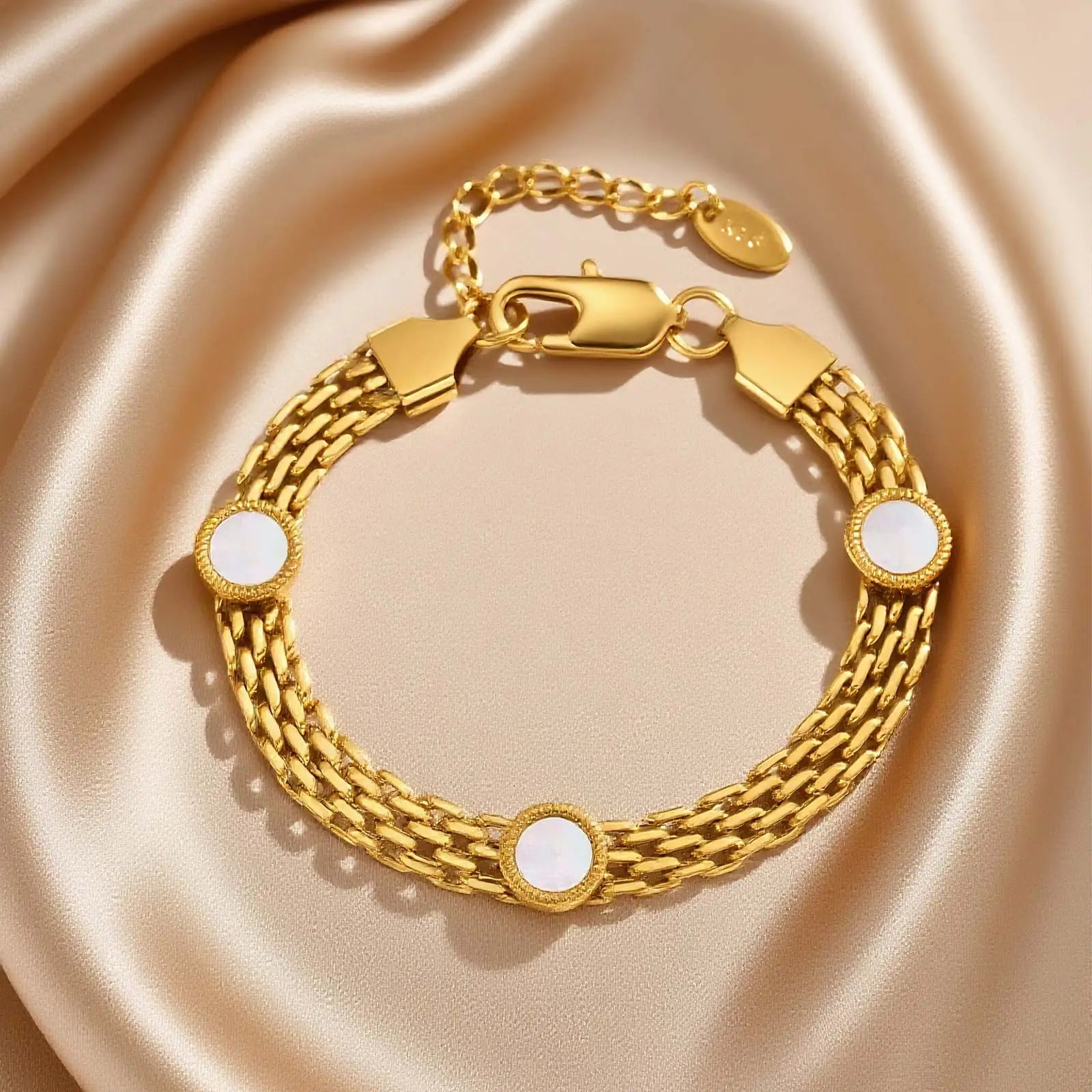 Chic Mesh Strap White Shell Bracelet,Gold Plated Stainless Steel Women's Bracelets,Fashion Waterproof Jewelry Gifts