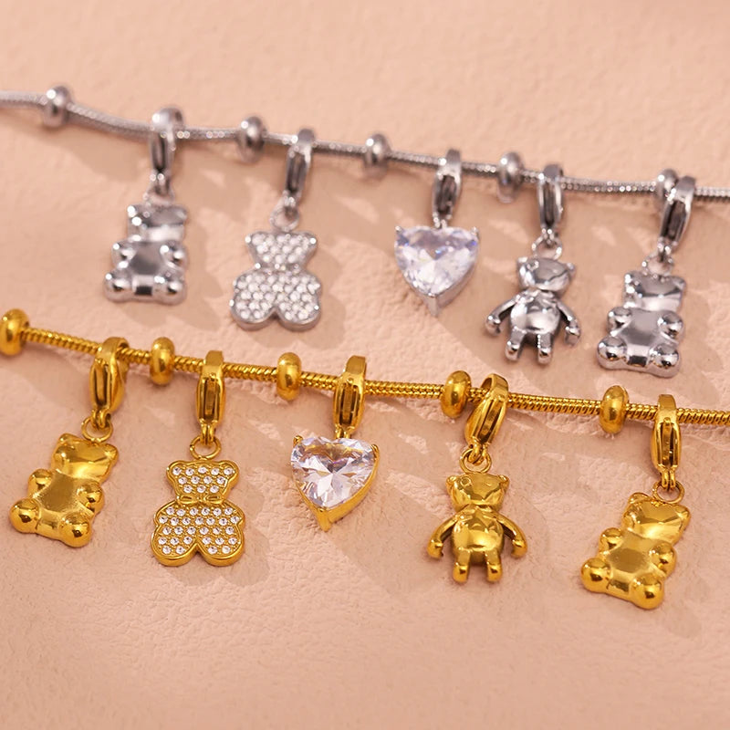 Nivora Cute Little Bear Pendant Heart Zircon Stainless Steel Snake Chian Bracelets For Women Gold Plated Charm Bracelet Jewelry