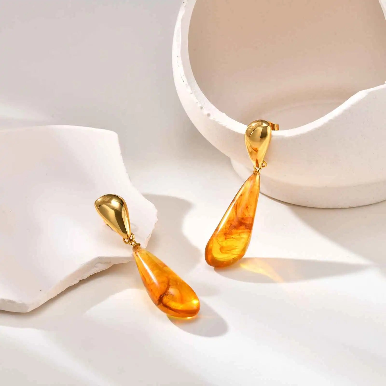 Water Drop Statement Earrings for Women, Resin Amber-colored Teardrop Dangle Earring