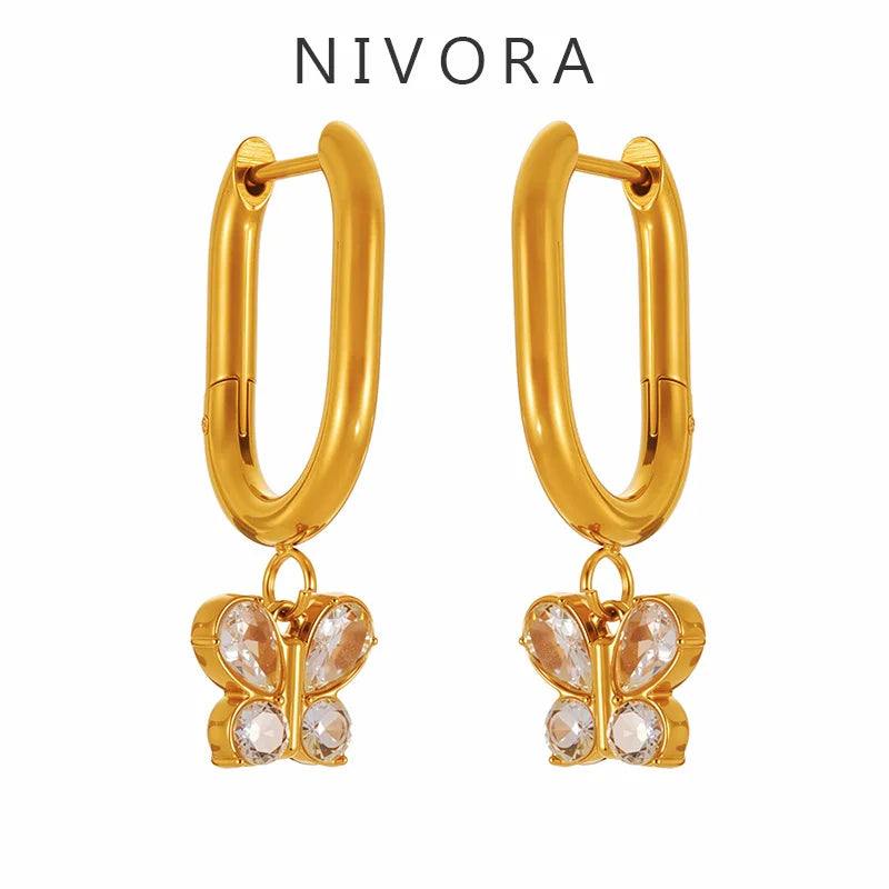 Nivora Excellent Stainless Steel Pendant Zircon Butterfly Dangle Earrings For Women Hypoallergenic Wedding Ear Earrings Jewelry