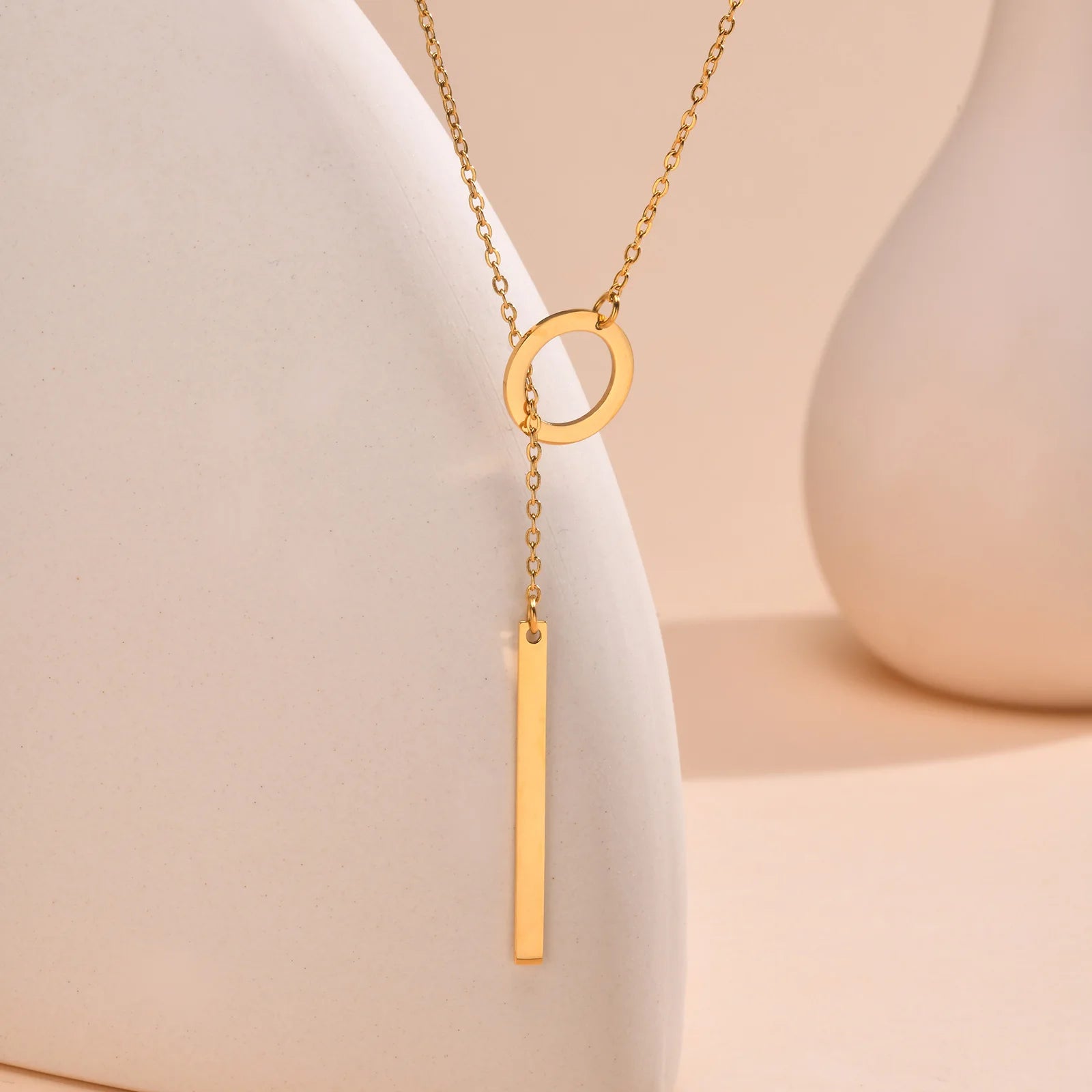 Stainless Steel Flat Cross Chain,Ring Rectangular Strip Adjustable Necklace for Women,Gold Color Geometric Pendant Jewelry