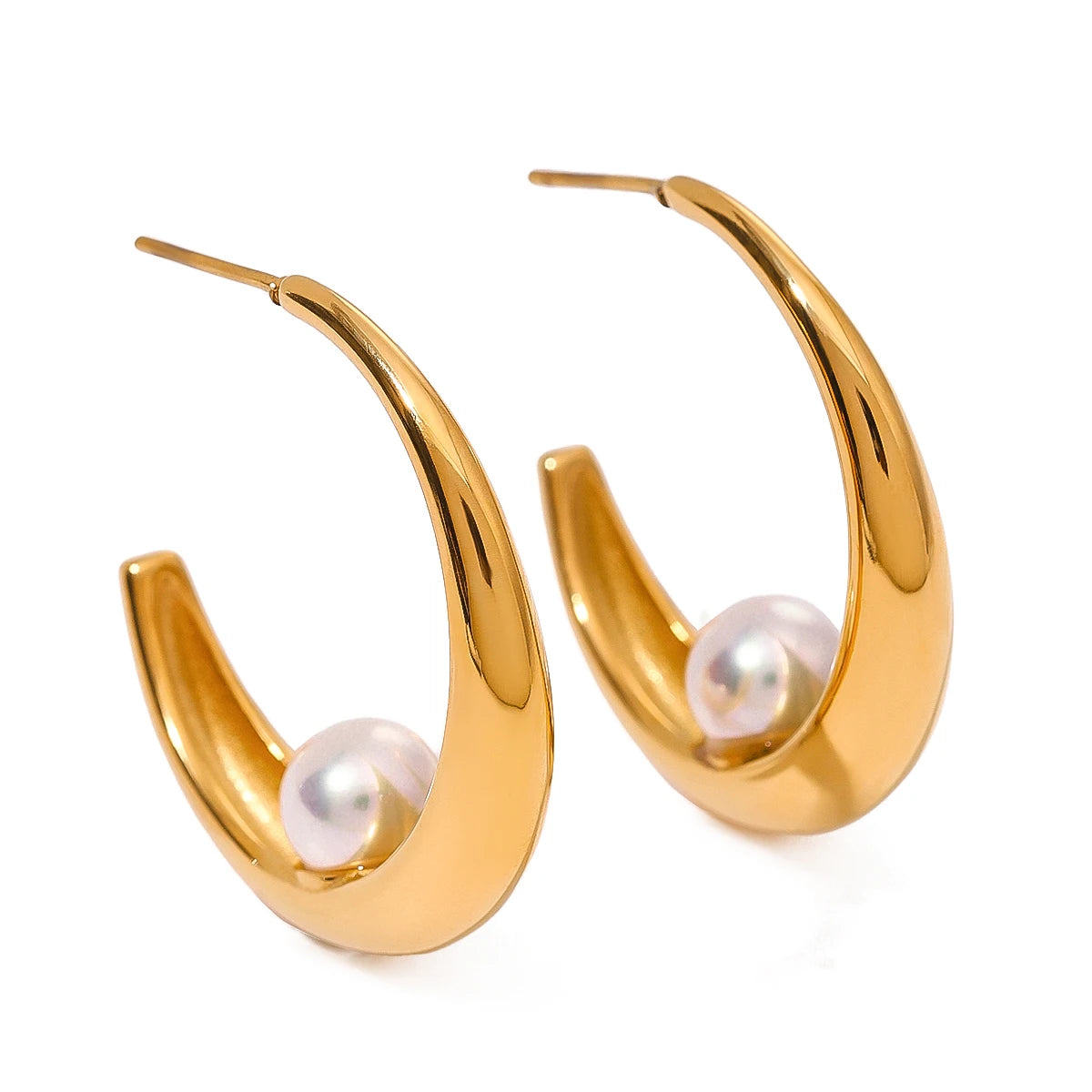 Uworld Stainless Steel 18k Gold Platinum PVD Plated Shell Pearl Dynamism Earrings Daily Finger Jewelry Bijoux for Women