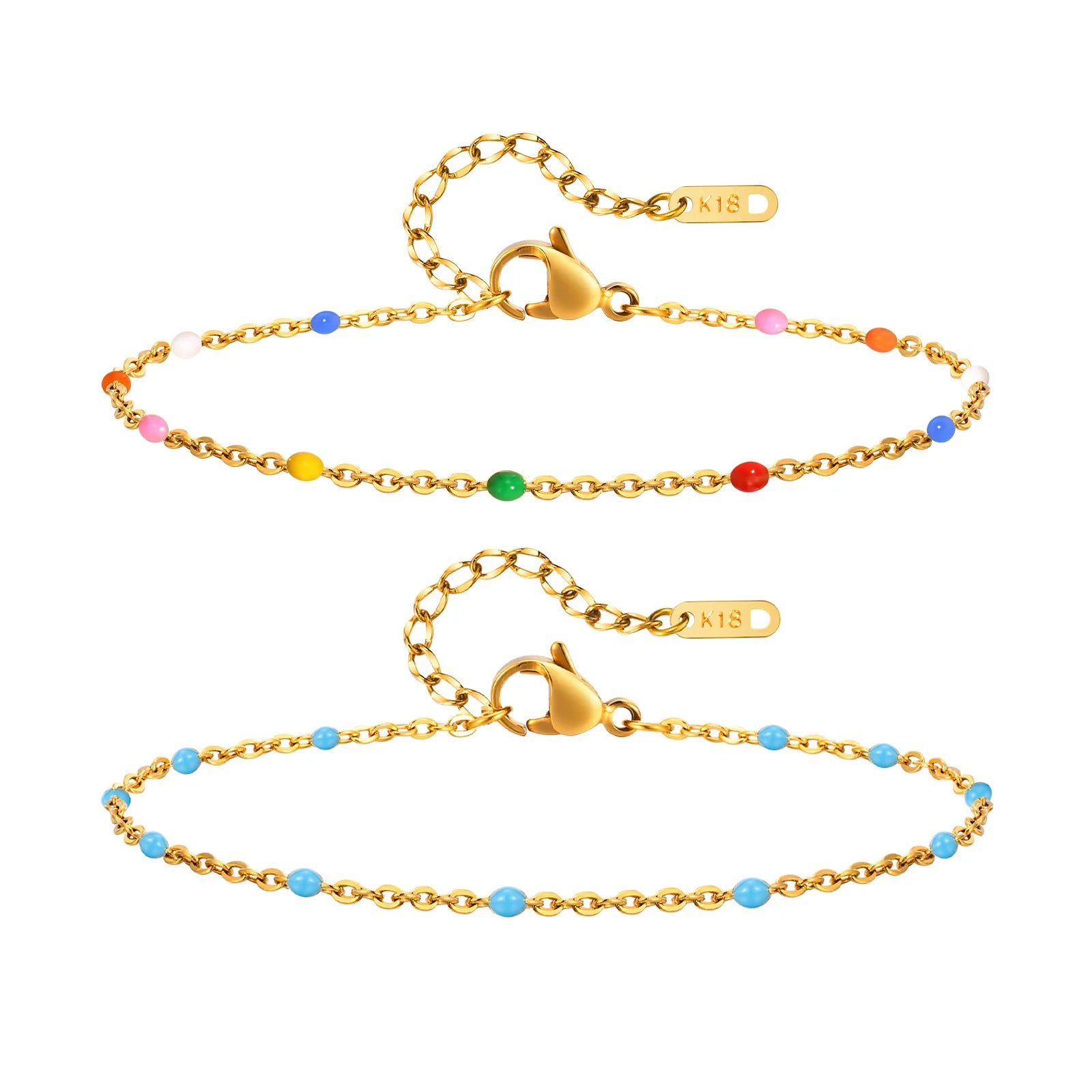 Stainless Steel Chain Bracelet for Women, Colorful Beads Summer 18k Gold Plated, Stainless Steel Waterproof Wrist Jewelry