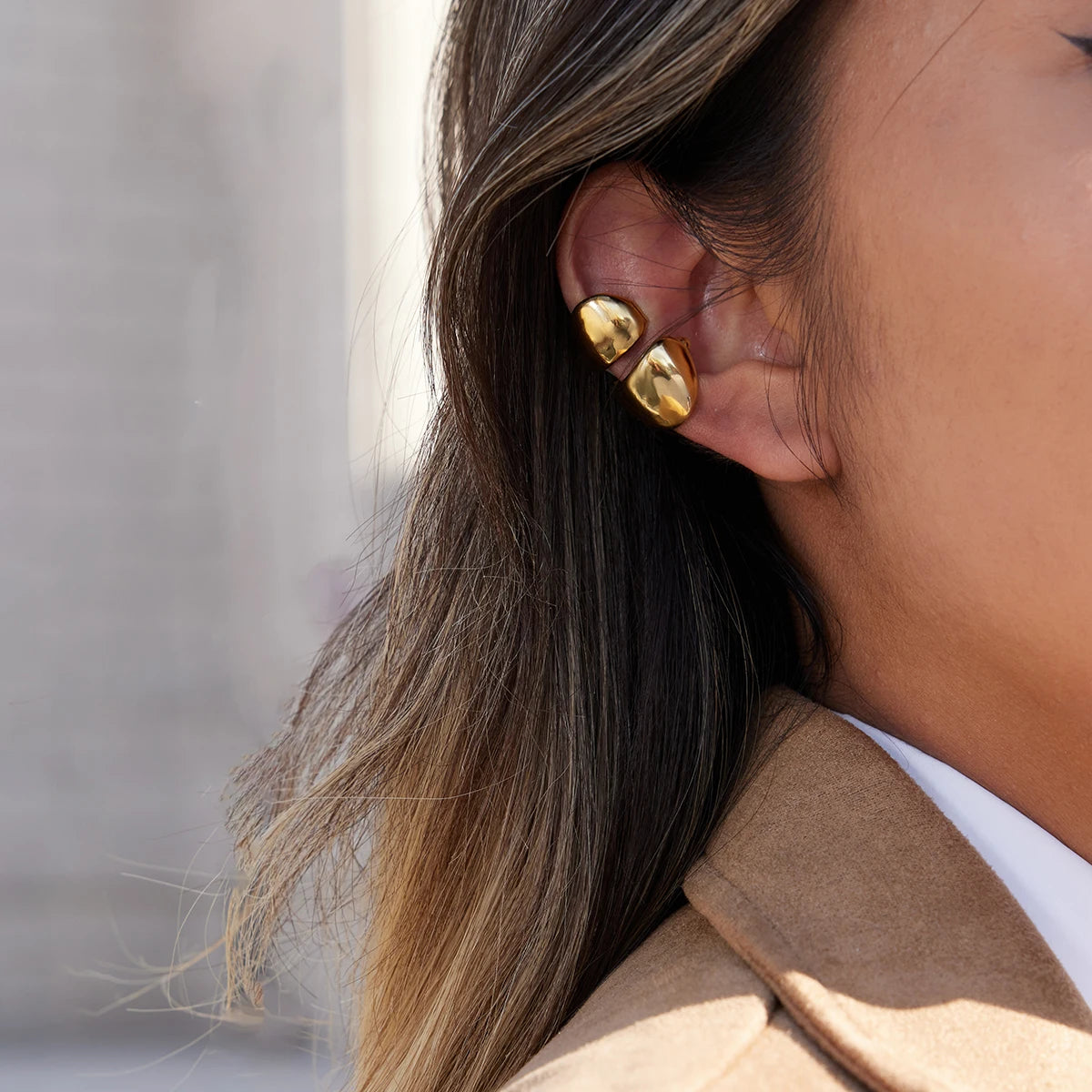 Uworld Classic 18K Plated Gold Color Wide-Faced Double-Layer Ear Clip Earrings Women Waterproof Stainless Steel Earring Jewelry