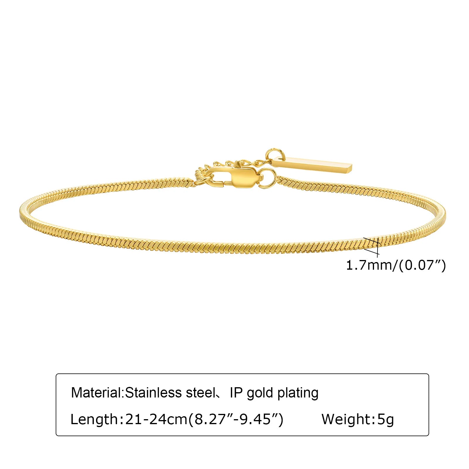 Women's Fashion 1.7mm Square Snake Chain Bracelets, Gold Color Stainless Steel Cool Bracelet, Basic Casual Wristband