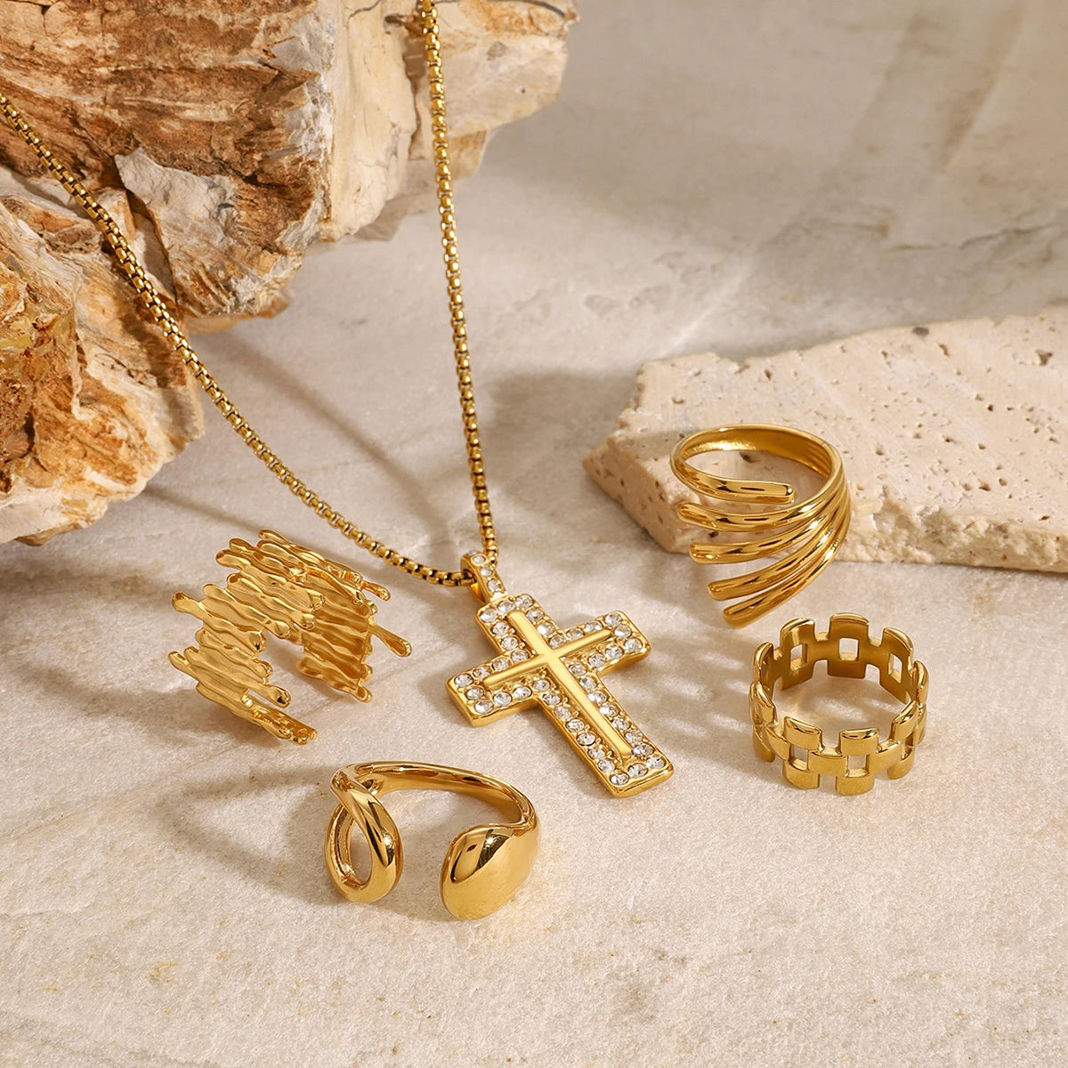 Uworld Fashion 5pcs Stacked Ring Jewelry Set Cross Necklace Linear Ring Women's Jewelry Gift for Her
