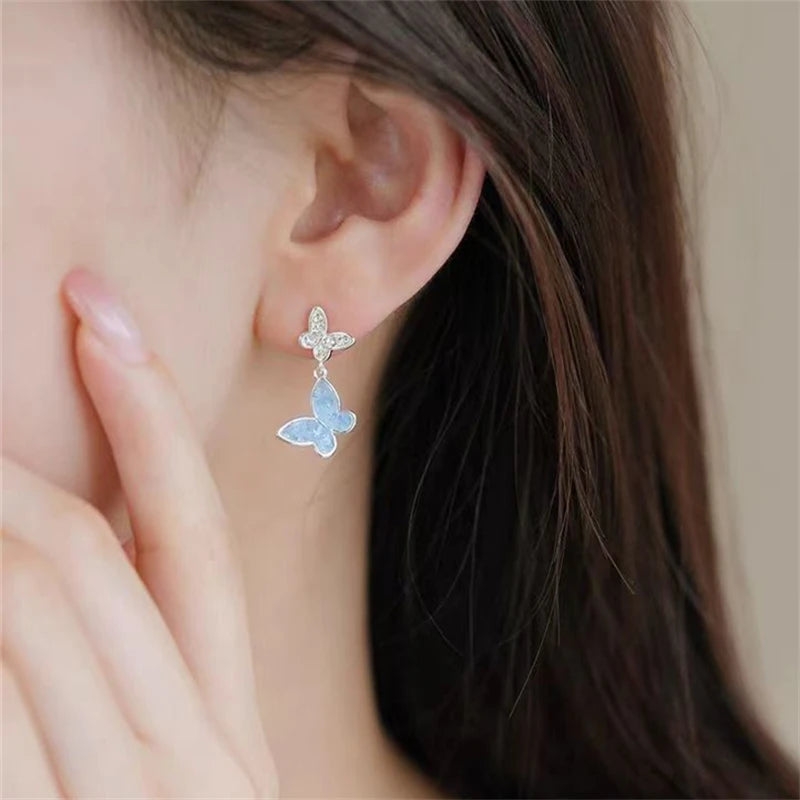 Korean New Blue Fishtail Long Ear Line Earring For Women Exquisite Imitation Pearl Tassel Zircon Leaf Earrings Party Jewelry