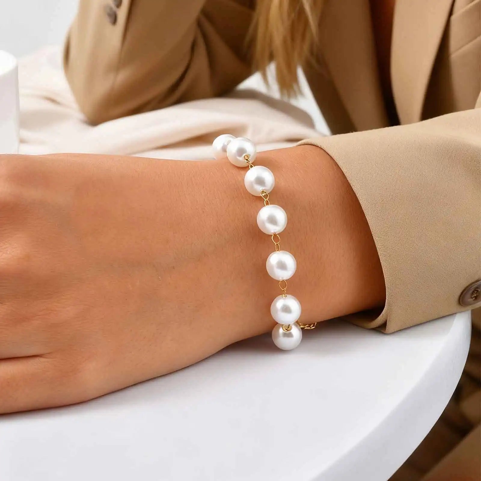 Elegant Imitation Pearl Bracelet for Women,Stainless Steel Waterproof  Beaded Chain Bracelets,Daily New Fashion Jewelry Gift